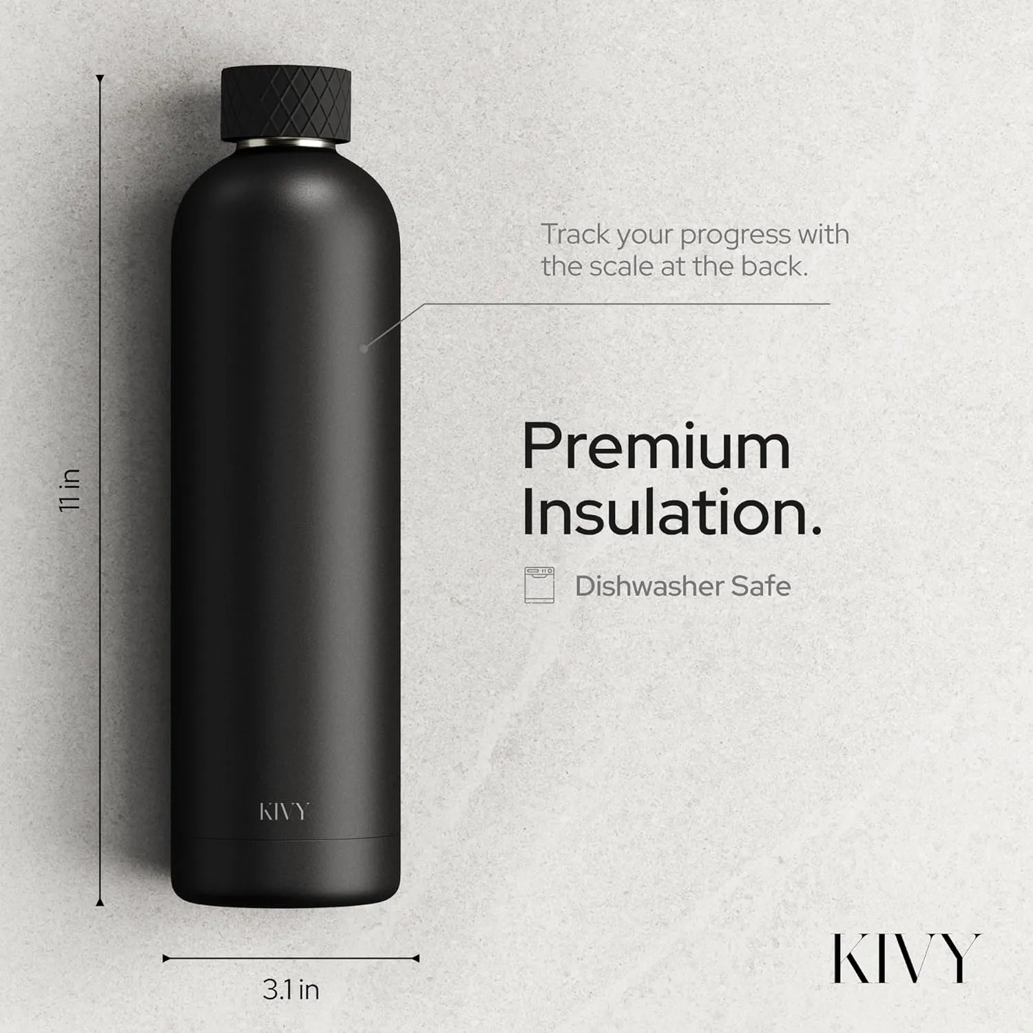 KIVY Insulated 32oz Leak Proof BPA-Free Metal Bottle - Slim, Screw Top, Black