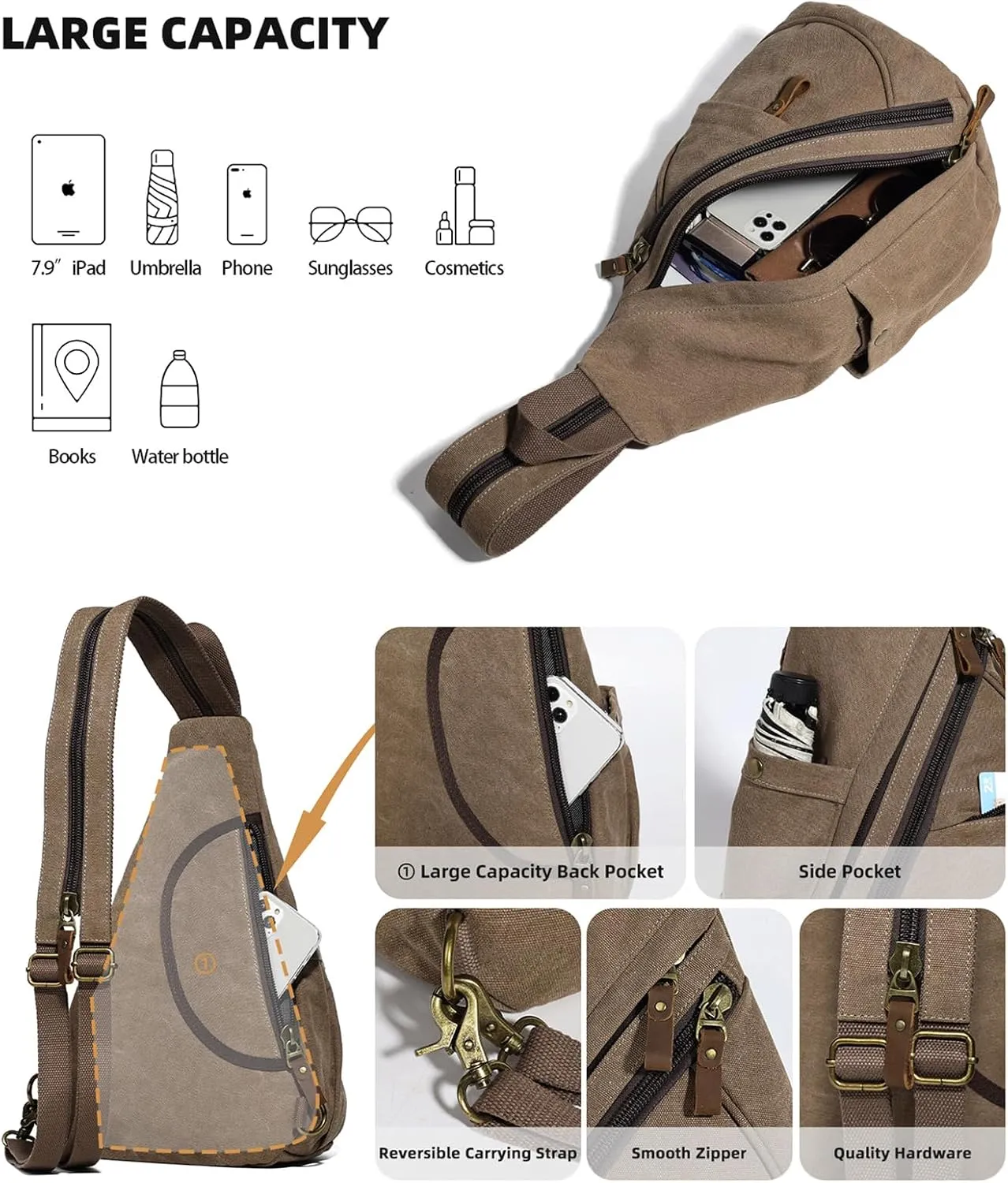 KL928 Canvas Sling Bag - Small Crossbody Backpack Shoulder Casual Daypack Rucksack for Men Women(Large Version)