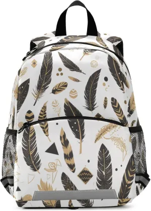 KLL Cute Boys Backpacks Gold Black Feathers Pattern Cute Travel Back Pack Bookbag for Primary School