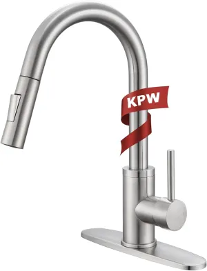 KPW Kitchen Sink Faucet with Sprayer Brushed Nickel Pull Down Kitchen Faucet High Arc Single Handle Stainless Steel 1 or 3 Hole, Kitchen Sink Faucets for Farmhouse Campervan Laundry RV