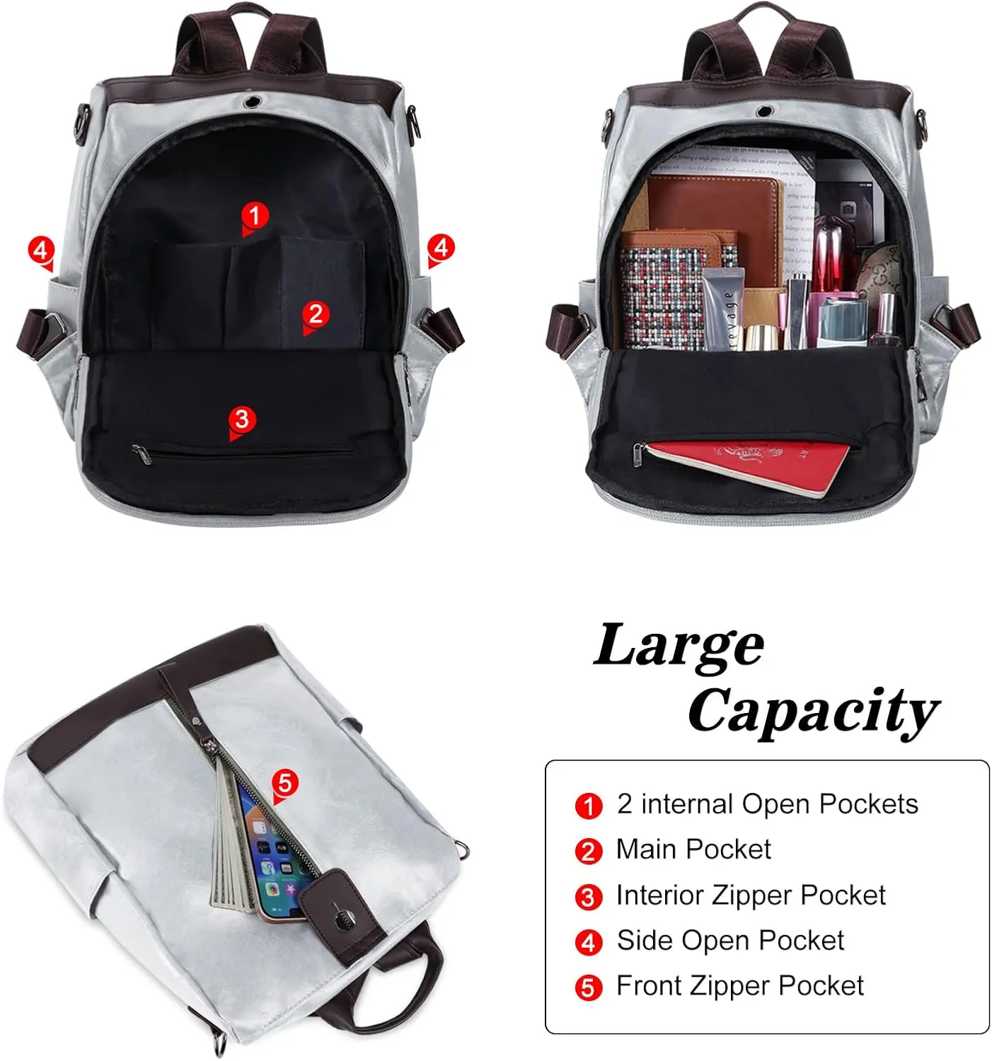Ladies Anti-Theft Leather Backpack Women Vintage Shoulder Bag Travel Rucksack Womens Casual Daypacks Working Bags Multi Pocket Soft Leather Lightweight 20L