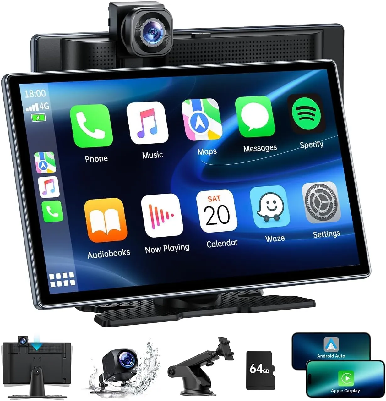 LAMTTO 9 - Inch Wireless Portable Carplay Screen for Car with 4K Dashcam & 1080p Backup Camera - Apple Carplay & Android Auto,G-Sensor,Mirror Link,Bluetooth 5.3,Voice Control & GPS Navigation