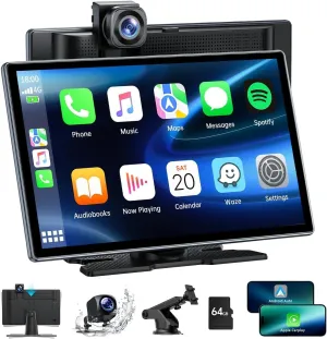 LAMTTO 9 - Inch Wireless Portable Carplay Screen for Car with 4K Dashcam & 1080p Backup Camera - Apple Carplay & Android Auto,G-Sensor,Mirror Link,Bluetooth 5.3,Voice Control & GPS Navigation