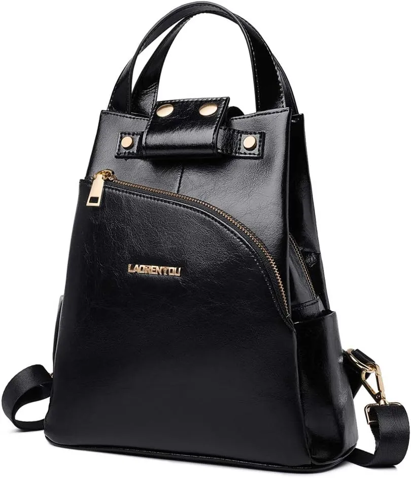 LAORENTOU Women Soft Leather Backpack Cowhide Antitheft Rucksack Ladies Shoulder Bag Medium (Black-023)