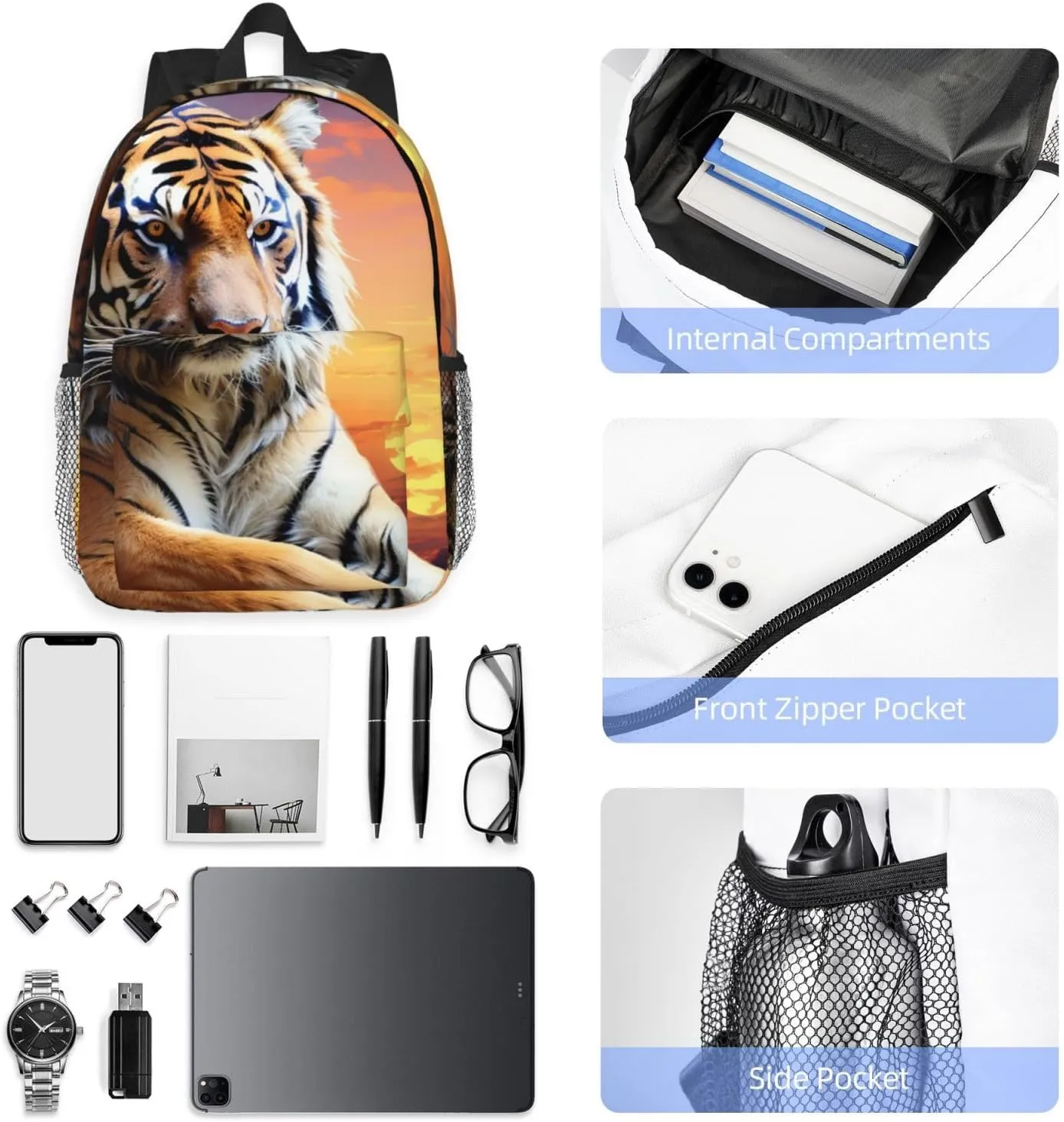 Laptop Backpack Lightweight Backpack for Men Women Daypack Tiger Colorful Sunset Laptop Bag Casual Backpack for Travel