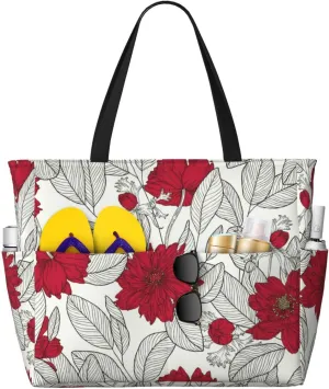 Large Beach Tote Bag for Women Extra Large Capacity Waterproof Sandproof Pool Bag Suitable for Swimming Pool Gym Travel Groceries Leaves And Anemone Flowers In Red Grey