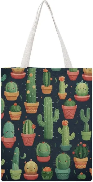 Large Canvas Shopping Bag,Cute Cactus Illustration Print Cotton Tote Bag,practical Large Capacity Tote Bag,ladies Tote Bag