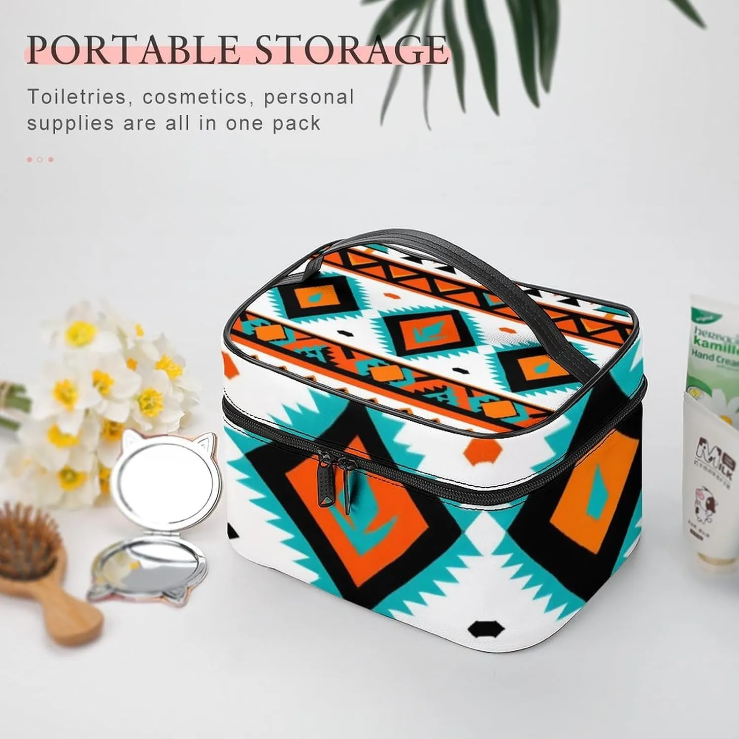 Large Capacity Makeup Bag for Women, Multifunctional Portable Cosmetic Case Indiana Western Southwest Tribal Ethnic Aztec Geometric Toiletry Organizer Bag Travel Accessories