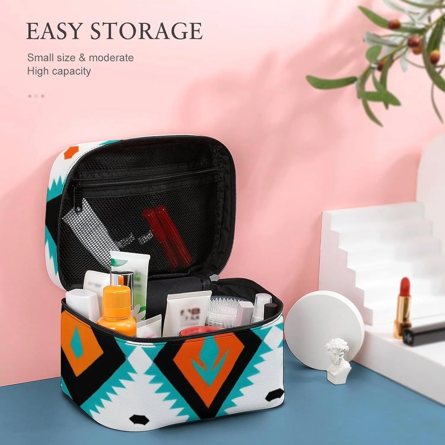 Large Capacity Makeup Bag for Women, Multifunctional Portable Cosmetic Case Indiana Western Southwest Tribal Ethnic Aztec Geometric Toiletry Organizer Bag Travel Accessories