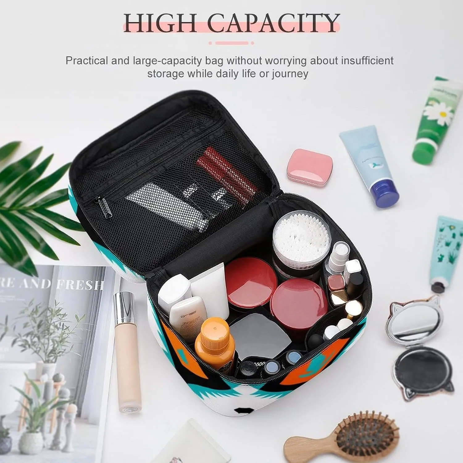 Large Capacity Makeup Bag for Women, Multifunctional Portable Cosmetic Case Indiana Western Southwest Tribal Ethnic Aztec Geometric Toiletry Organizer Bag Travel Accessories