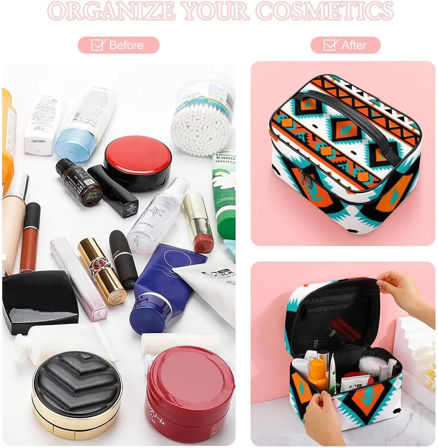 Large Capacity Makeup Bag for Women, Multifunctional Portable Cosmetic Case Indiana Western Southwest Tribal Ethnic Aztec Geometric Toiletry Organizer Bag Travel Accessories