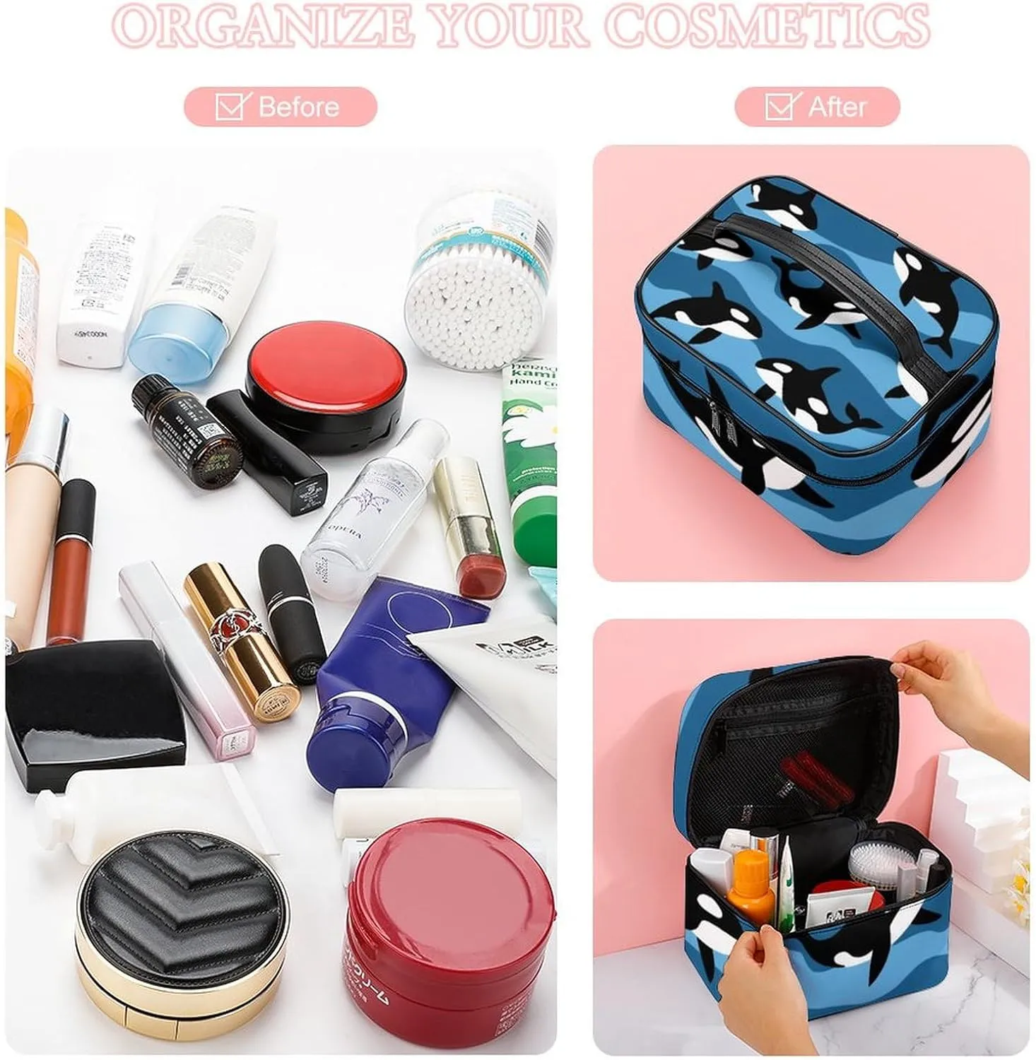 Large Capacity Makeup Organizer Bag, Portable Stylish Cosmetic Case with Zipper Pouch Ocean Orca Killer Whale Toiletry Storage Bag Travel Accessories