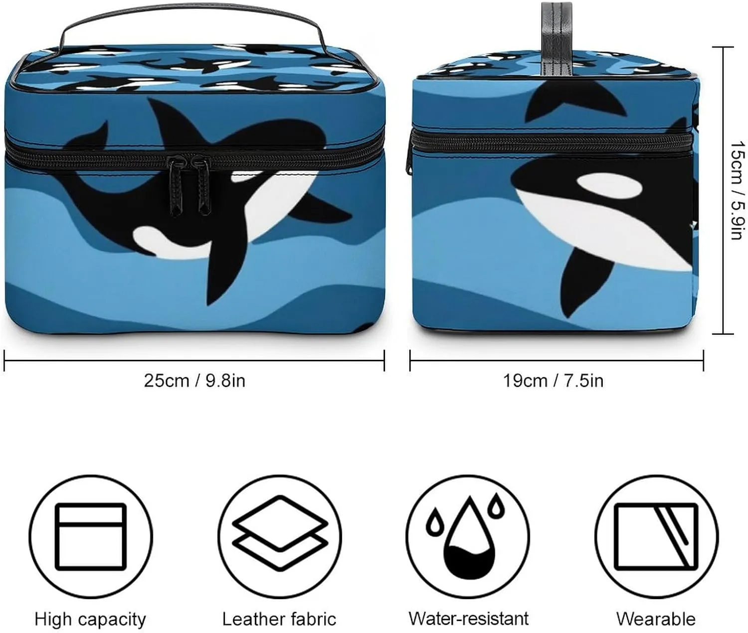 Large Capacity Makeup Organizer Bag, Portable Stylish Cosmetic Case with Zipper Pouch Ocean Orca Killer Whale Toiletry Storage Bag Travel Accessories