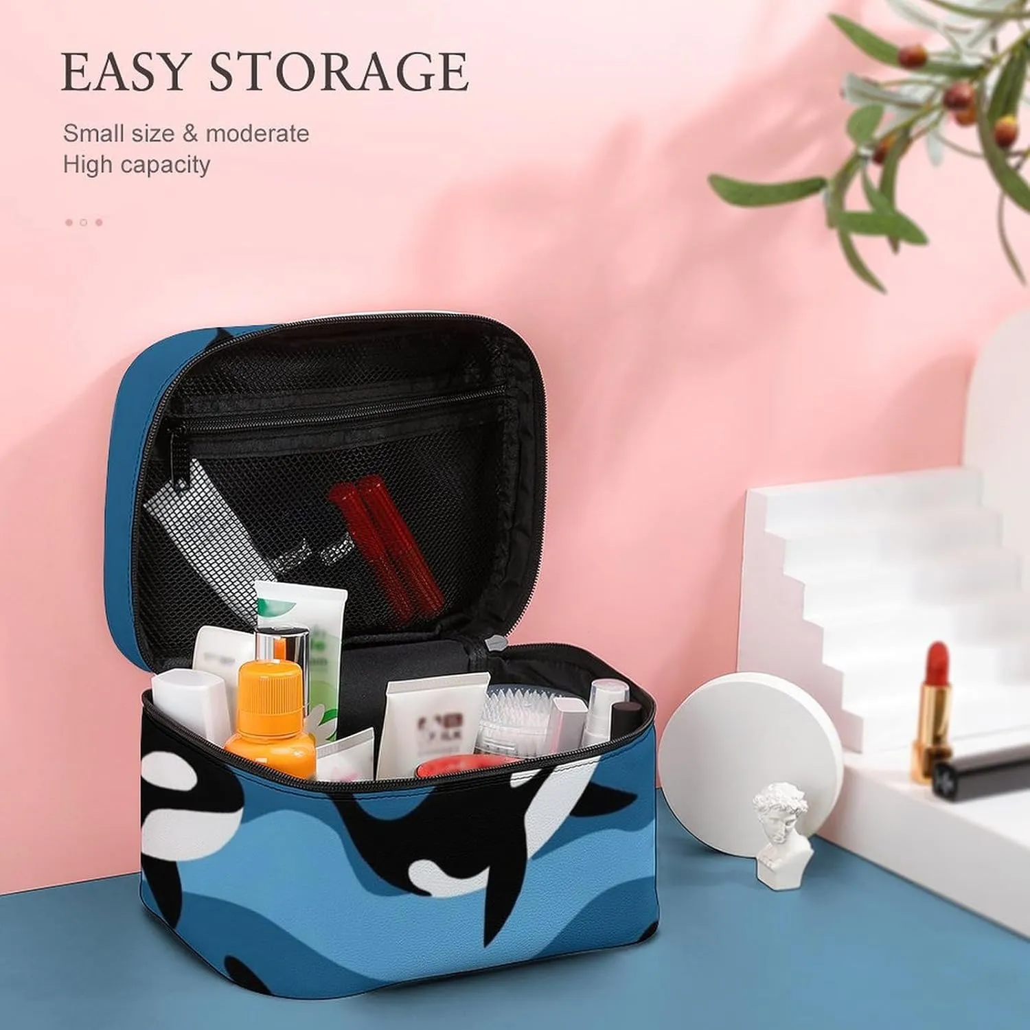 Large Capacity Makeup Organizer Bag, Portable Stylish Cosmetic Case with Zipper Pouch Ocean Orca Killer Whale Toiletry Storage Bag Travel Accessories