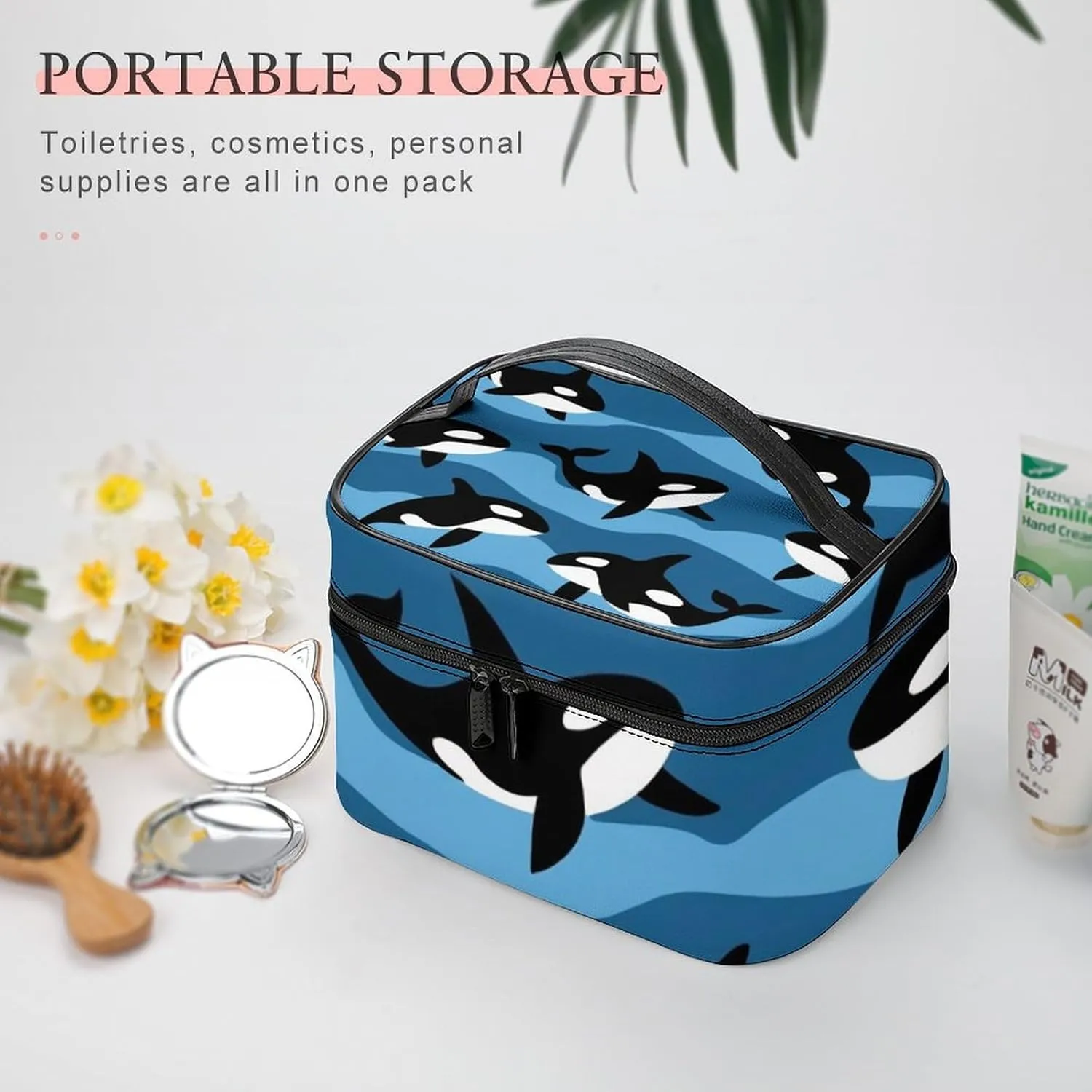 Large Capacity Makeup Organizer Bag, Portable Stylish Cosmetic Case with Zipper Pouch Ocean Orca Killer Whale Toiletry Storage Bag Travel Accessories