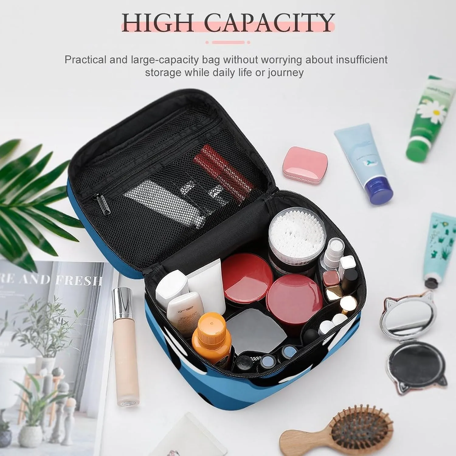 Large Capacity Makeup Organizer Bag, Portable Stylish Cosmetic Case with Zipper Pouch Ocean Orca Killer Whale Toiletry Storage Bag Travel Accessories