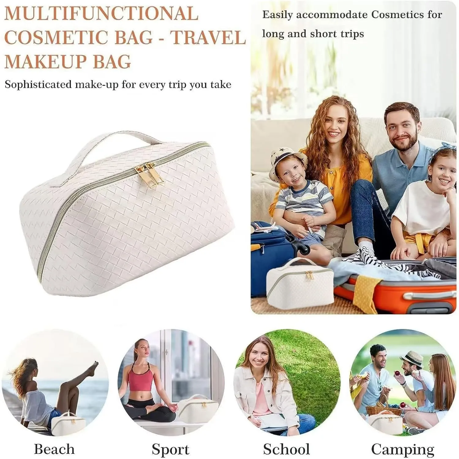Large Capacity Travel Makeup Bag,Portable Waterproof Cosmetic Bag,PU Leather Checkered with Handle Divider Multifunctional Bag,Parallel Makeup Organizer Toiletry Bag for Women (White)
