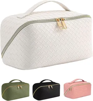 Large Capacity Travel Makeup Bag,Portable Waterproof Cosmetic Bag,PU Leather Checkered with Handle Divider Multifunctional Bag,Parallel Makeup Organizer Toiletry Bag for Women (White)