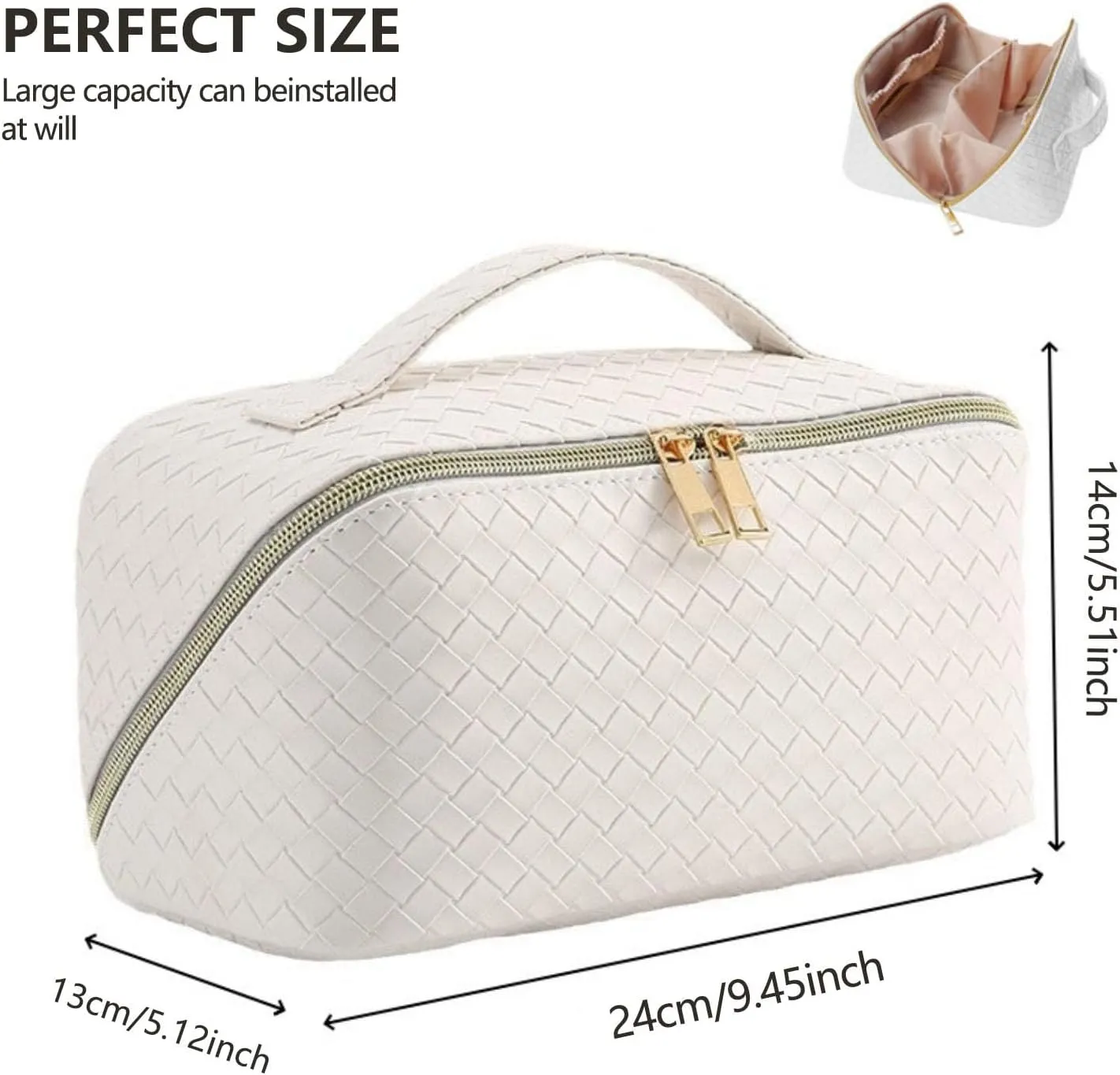 Large Capacity Travel Makeup Bag,Portable Waterproof Cosmetic Bag,PU Leather Checkered with Handle Divider Multifunctional Bag,Parallel Makeup Organizer Toiletry Bag for Women (White)
