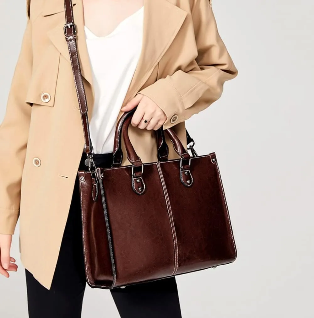 Large Genuine Leather Satchel Handbag for Women - Fashionable Shiny Tote & Crossbody Purse