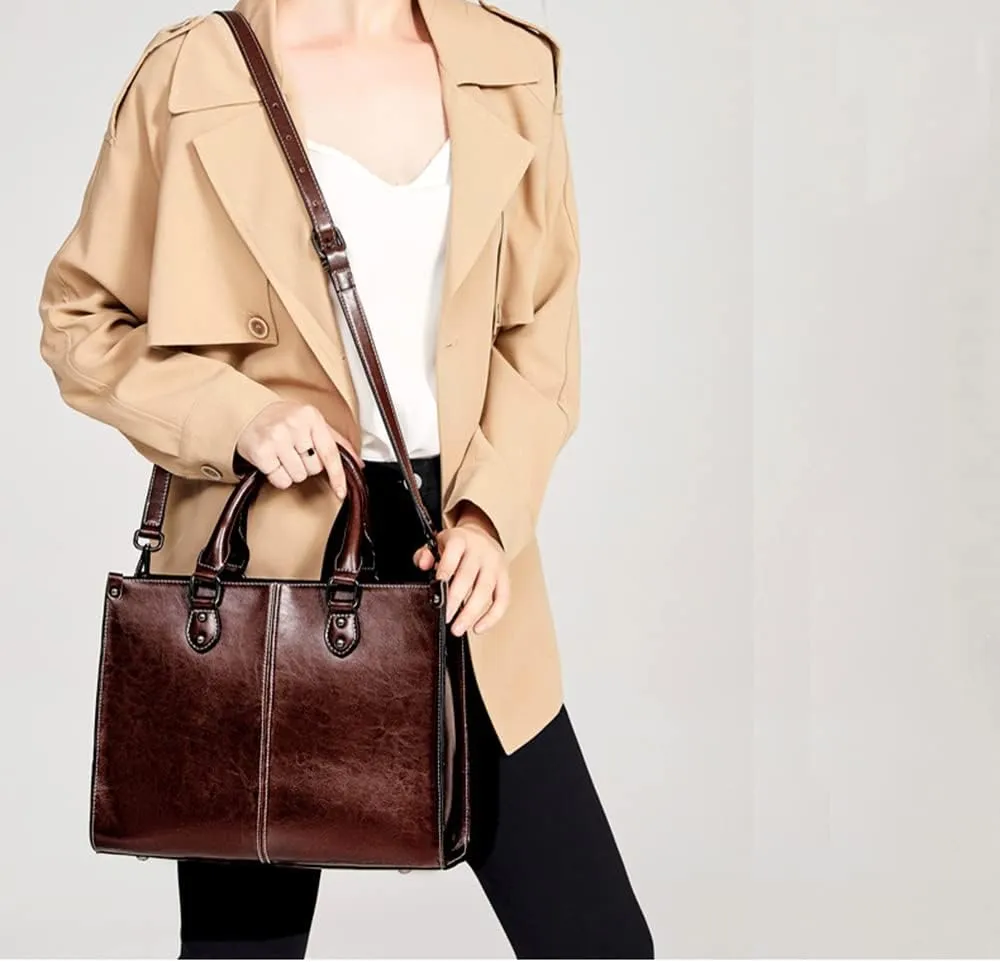 Large Genuine Leather Satchel Handbag for Women - Fashionable Shiny Tote & Crossbody Purse