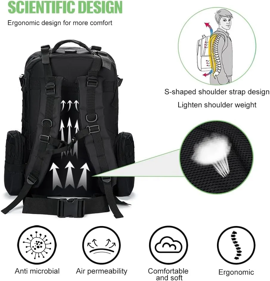 Large Military Tactical Backpack for Men, 40-50L Backpacks for Women, Bug out Bag Army 3 Days Assault Pack Bags Rucksack with Molle System Black