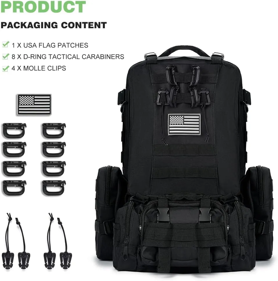 Large Military Tactical Backpack for Men, 40-50L Backpacks for Women, Bug out Bag Army 3 Days Assault Pack Bags Rucksack with Molle System Black