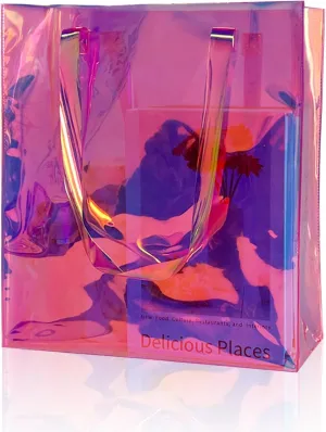 Large Purple Holographic Tote Shopping Bag Waterproof Sandproof Iridescent Beach Totes Bags with Handle for Women