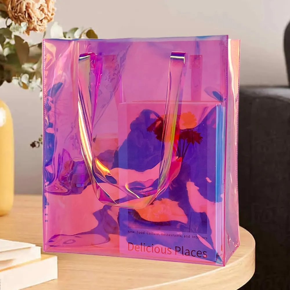 Large Purple Holographic Tote Shopping Bag Waterproof Sandproof Iridescent Beach Totes Bags with Handle for Women