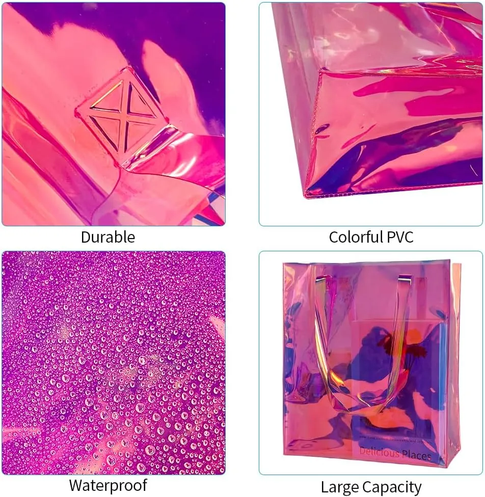 Large Purple Holographic Tote Shopping Bag Waterproof Sandproof Iridescent Beach Totes Bags with Handle for Women