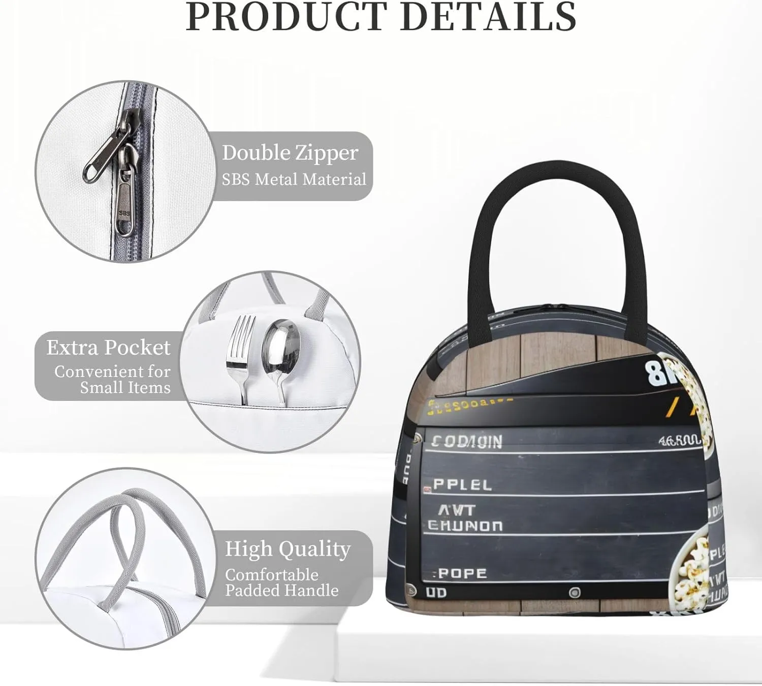 Large Reusable Insulated Lunch Bag Cooler Tote Box Meal Prep For Men & Women Work Picnic Or Travel,Cinema Movie Clapboard And Popcorn Print