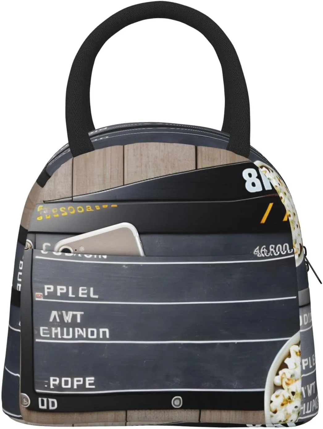 Large Reusable Insulated Lunch Bag Cooler Tote Box Meal Prep For Men & Women Work Picnic Or Travel,Cinema Movie Clapboard And Popcorn Print