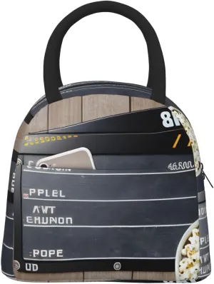 Large Reusable Insulated Lunch Bag Cooler Tote Box Meal Prep For Men & Women Work Picnic Or Travel,Cinema Movie Clapboard And Popcorn Print