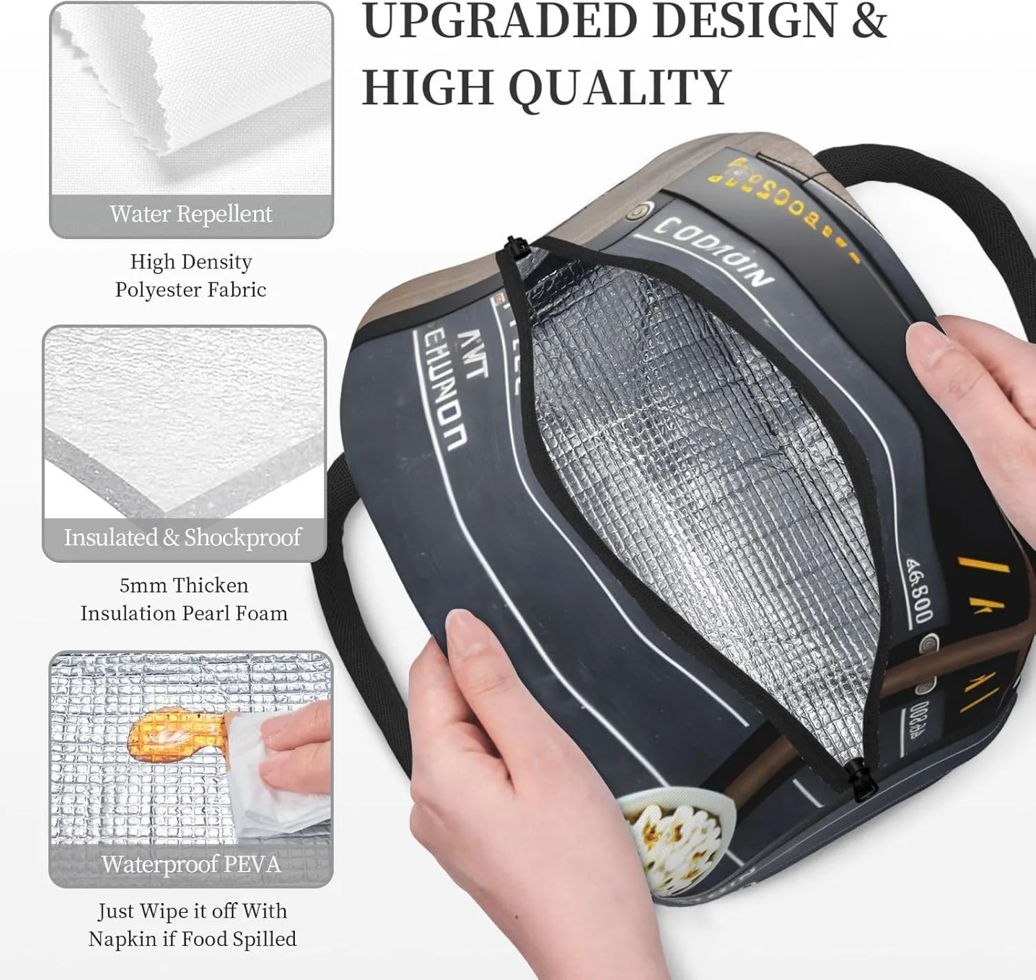 Large Reusable Insulated Lunch Bag Cooler Tote Box Meal Prep For Men & Women Work Picnic Or Travel,Cinema Movie Clapboard And Popcorn Print