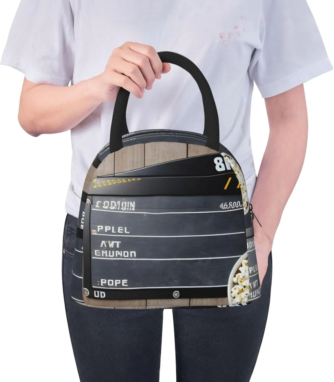 Large Reusable Insulated Lunch Bag Cooler Tote Box Meal Prep For Men & Women Work Picnic Or Travel,Cinema Movie Clapboard And Popcorn Print