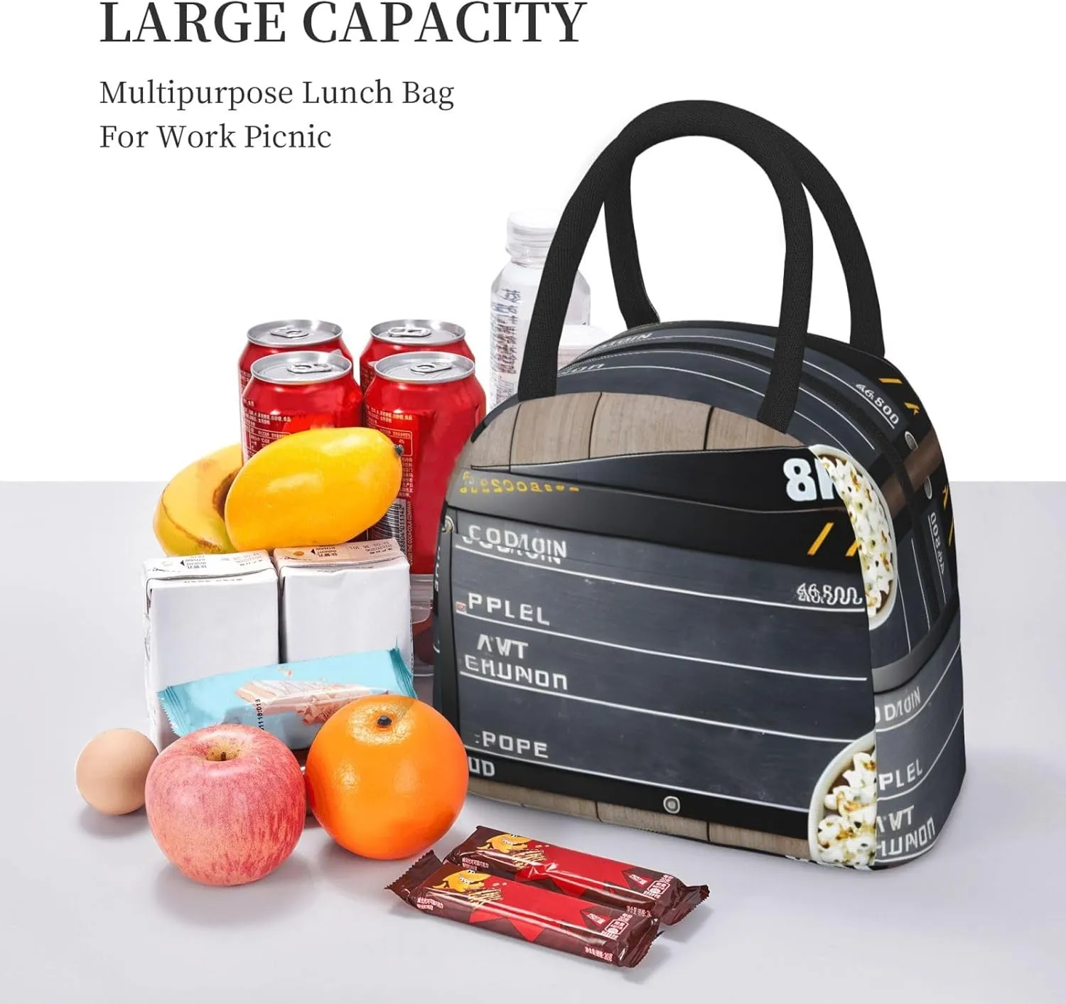 Large Reusable Insulated Lunch Bag Cooler Tote Box Meal Prep For Men & Women Work Picnic Or Travel,Cinema Movie Clapboard And Popcorn Print