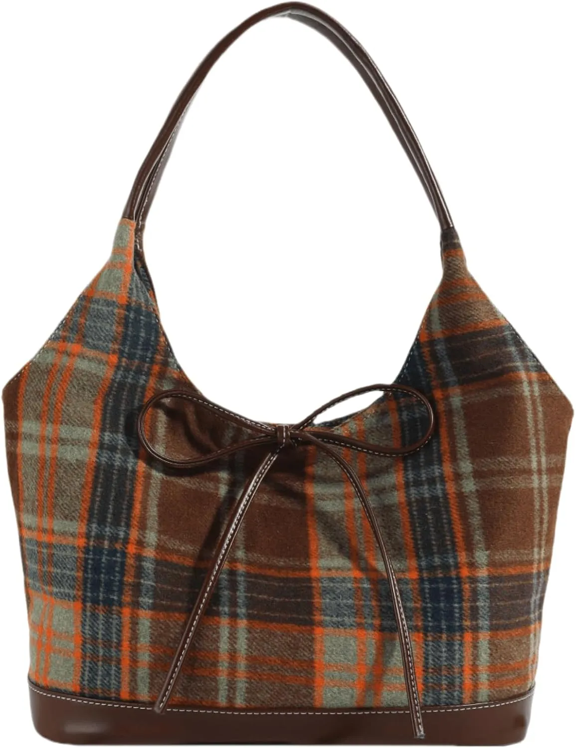 Large Woolen Plaid Shoulder Bag Women Tote Handbags Stylish Bow Top Handle Purse