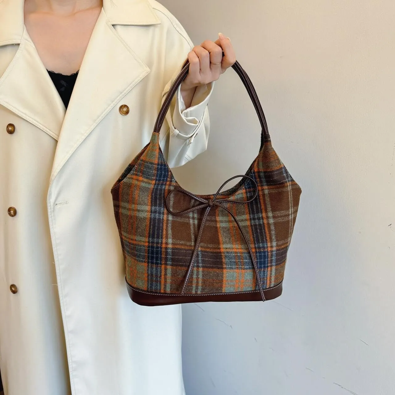 Large Woolen Plaid Shoulder Bag Women Tote Handbags Stylish Bow Top Handle Purse
