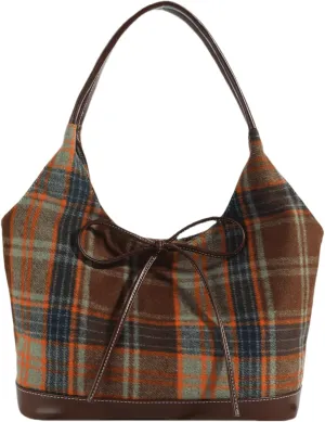 Large Woolen Plaid Shoulder Bag Women Tote Handbags Stylish Bow Top Handle Purse