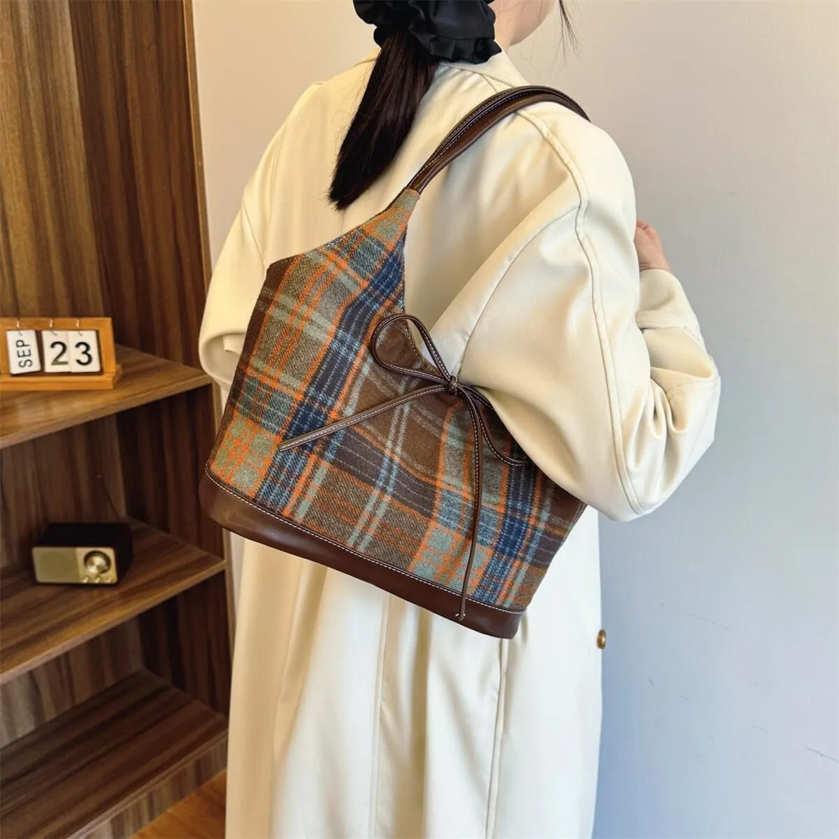 Large Woolen Plaid Shoulder Bag Women Tote Handbags Stylish Bow Top Handle Purse
