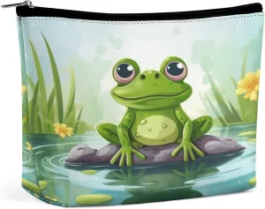 Leather Makeup Bag Waterproof Cosmetic Bag for Women Frog In A Pond Open Flat Toiletry Bags Portable Pouch With Zipper Make Up Organizer Case for Travel Accessories