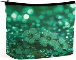 Leather Makeup Bag Waterproof Cosmetic Bag for Women Green Sparkly Spring Open Flat Toiletry Bags Portable Pouch With Zipper Make Up Organizer Case for Travel Accessories