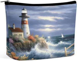 Leather Makeup Bag Waterproof Cosmetic Bag for Women Lighthouse Diamond Painting Open Flat Toiletry Bags Portable Pouch With Zipper Make Up Organizer Case for Travel Accessories