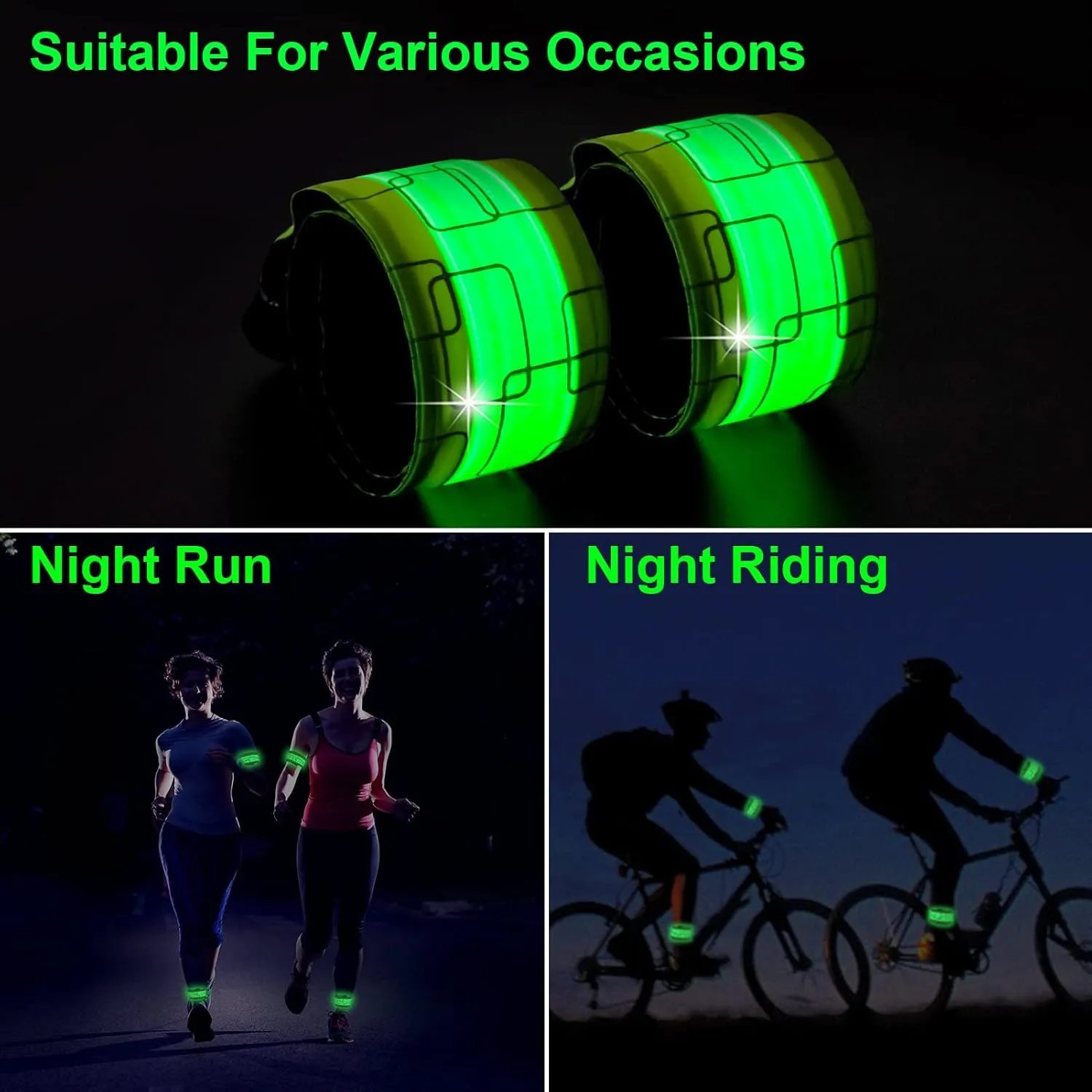 LED Safety Wristband Lights - 2 Pack Rechargeable Light Up Arm Ankle Band Kids Magic Slap Glow Bracelets Reflective Belt High Visibility for Night Cycling Walking Joggers Running Gear