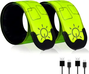 LED Safety Wristband Lights - 2 Pack Rechargeable Light Up Arm Ankle Band Kids Magic Slap Glow Bracelets Reflective Belt High Visibility for Night Cycling Walking Joggers Running Gear