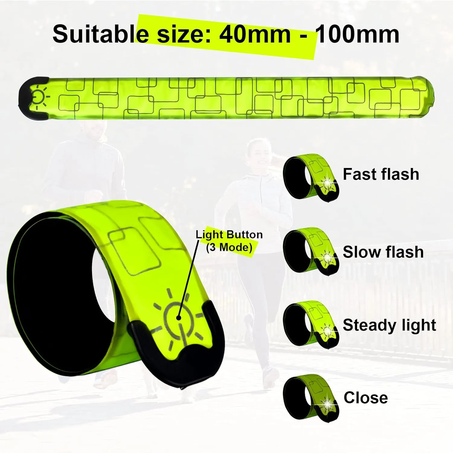 LED Safety Wristband Lights - 2 Pack Rechargeable Light Up Arm Ankle Band Kids Magic Slap Glow Bracelets Reflective Belt High Visibility for Night Cycling Walking Joggers Running Gear