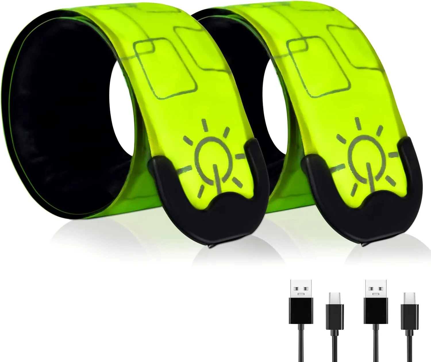 LED Safety Wristband Lights - 2 Pack Rechargeable Light Up Arm Ankle Band Kids Magic Slap Glow Bracelets Reflective Belt High Visibility for Night Cycling Walking Joggers Running Gear
