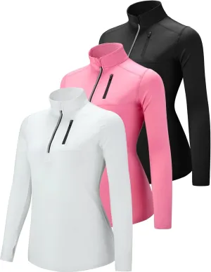 Liberty Imports 3 Pack: Women's Quick Dry Long Sleeve Quarter Zip Pullover Workout Shirts with Thumb Holes and Pocket
