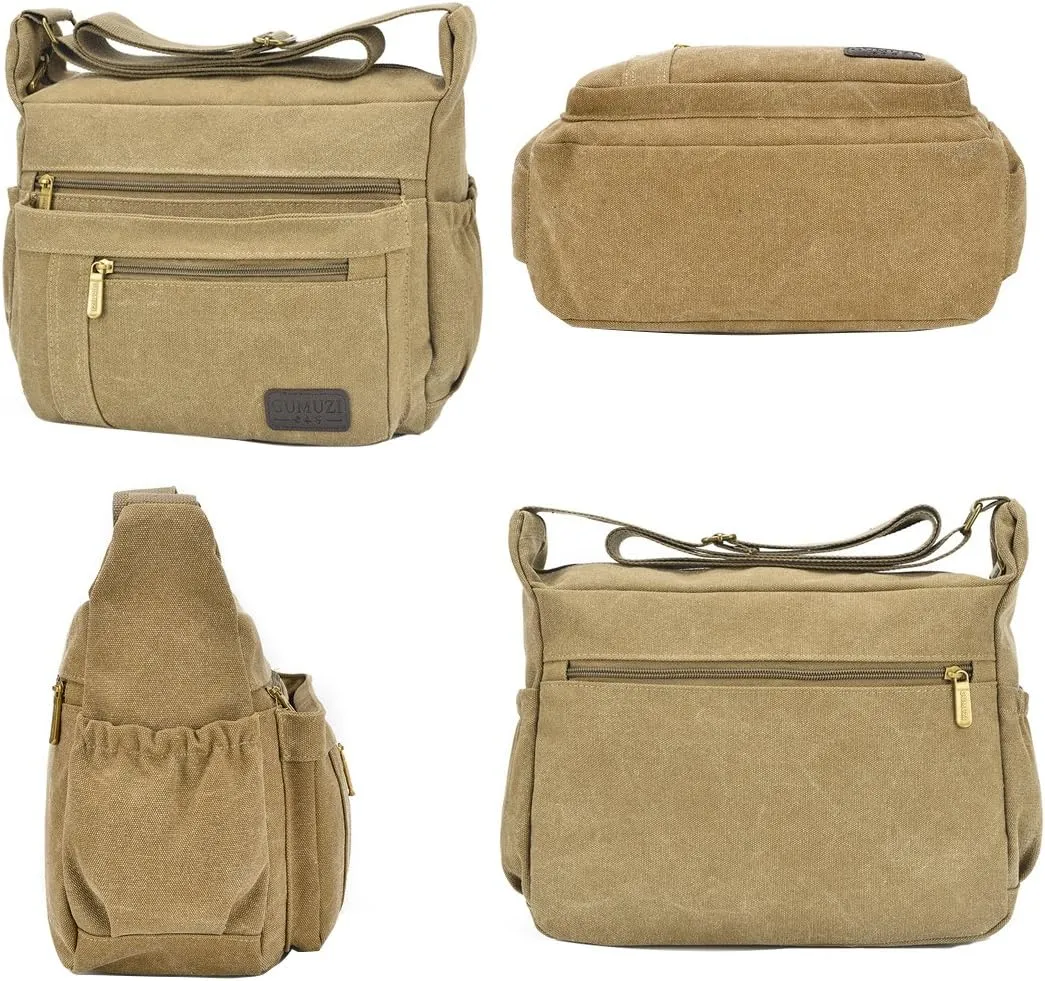 Light Weight Canvas Shoulder Bag for Women Messenger Handbags Cross Body Multi Zipper Pockets Bag