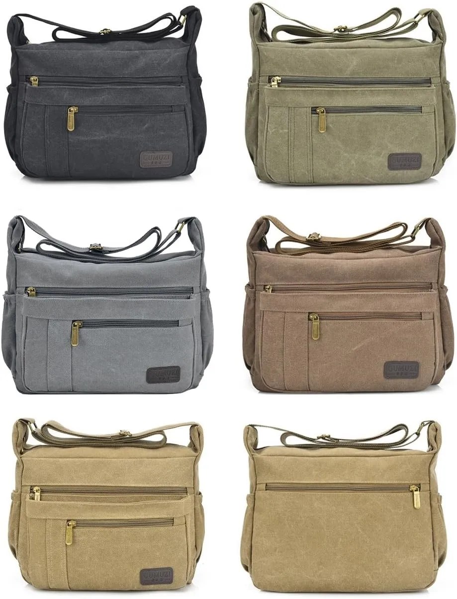 Light Weight Canvas Shoulder Bag for Women Messenger Handbags Cross Body Multi Zipper Pockets Bag